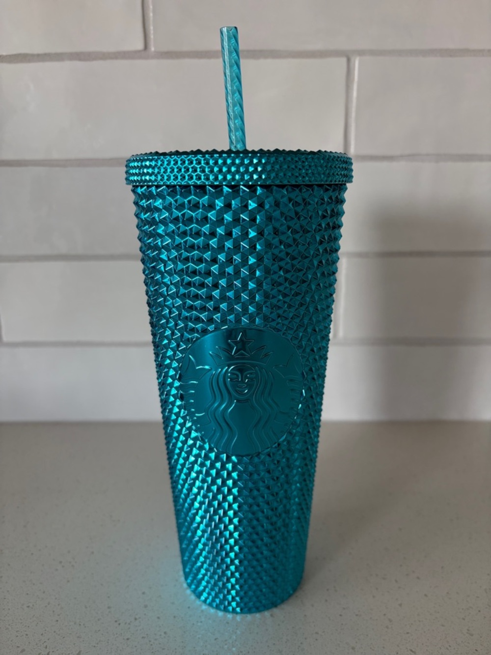 Starbucks 24oz Teal Chrome Studded Tumbler with Straw